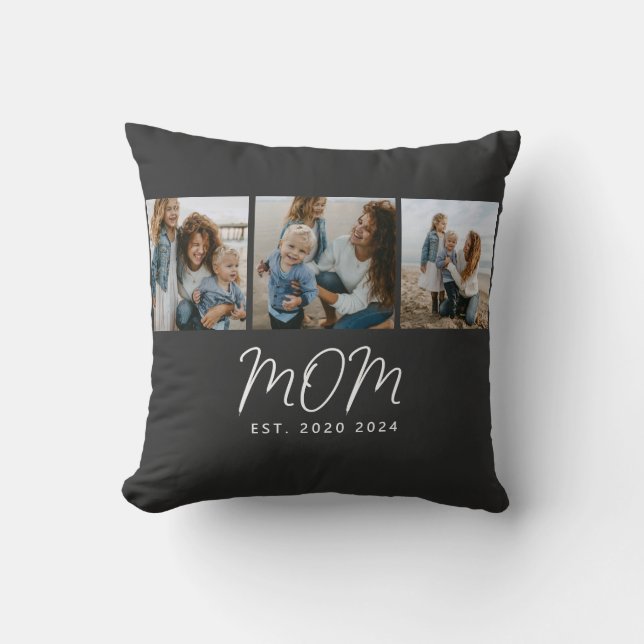 Mom Established Modern Script Black 3 Photo Throw Pillow (Front)