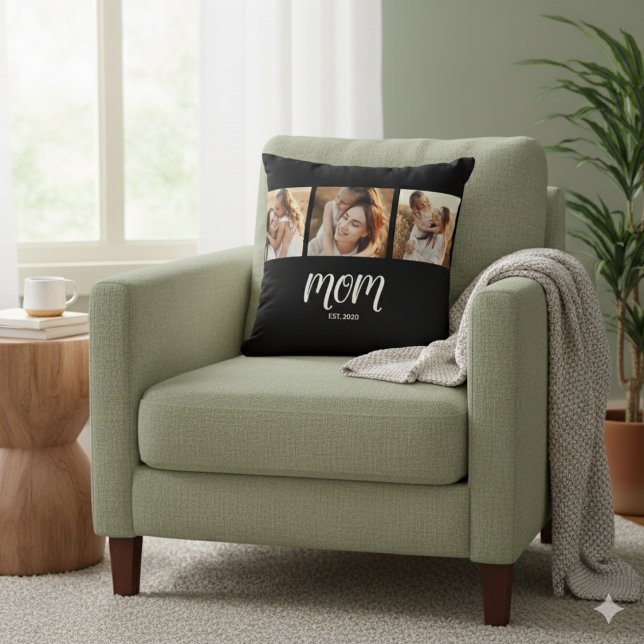 Mom Established Modern Script Black 3 Photo Throw  Throw Pillow (Creator Uploaded)