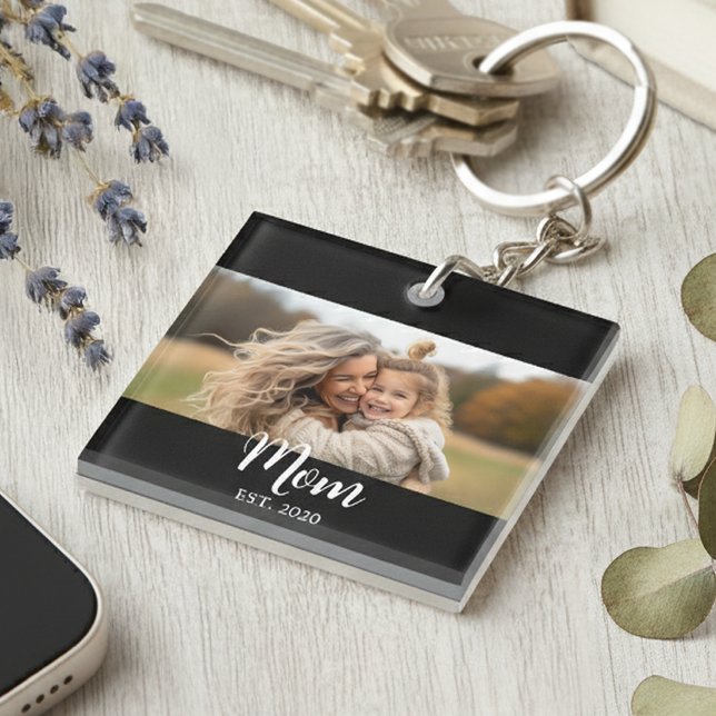 Mom Established Modern Script Black Photo Keychain (Mom established with personalized photo, name and year she became a mom.)