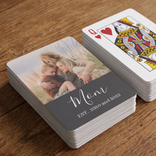 Mom Established Modern Script Black Photo Playing Cards