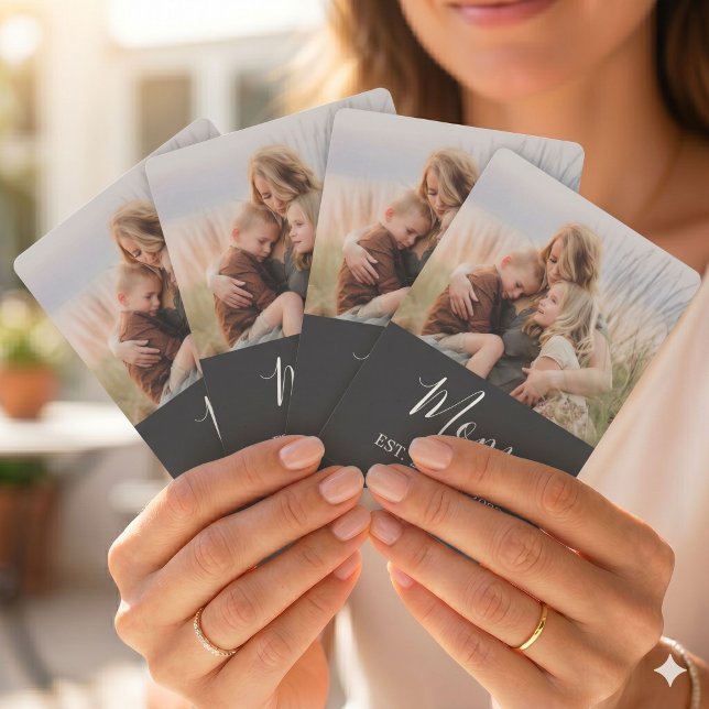 Mom Established Modern Script Black Photo Playing Cards (Creator Uploaded)
