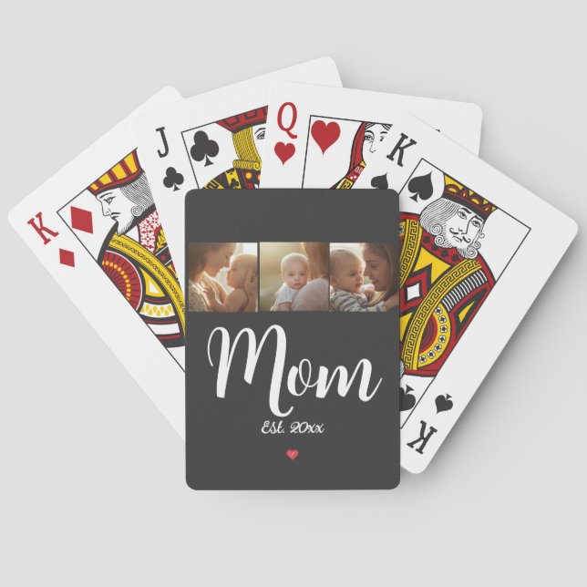 Mom Established Modern Script Heart 3 Photo Playing Cards (Back)