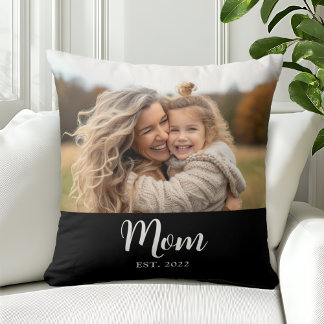 Mom Established Modern Script Photo Black Throw Pillow