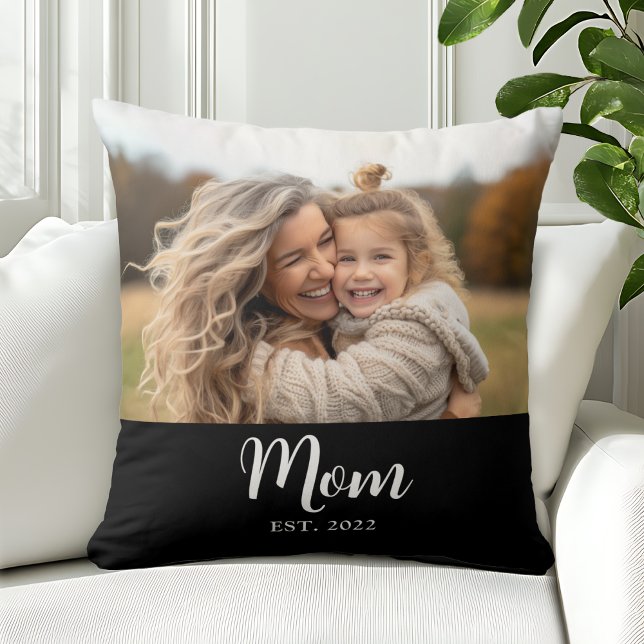 Mom Established Modern Script Photo Black Throw Pillow (Mom established with customizable photo and editable text )