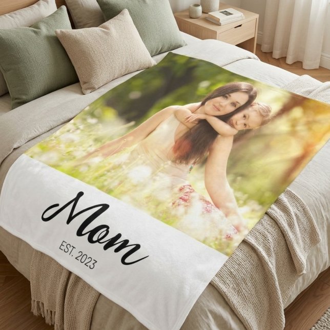 Mom Established Modern Script Photo  Fleece Blanket (Creator Uploaded)
