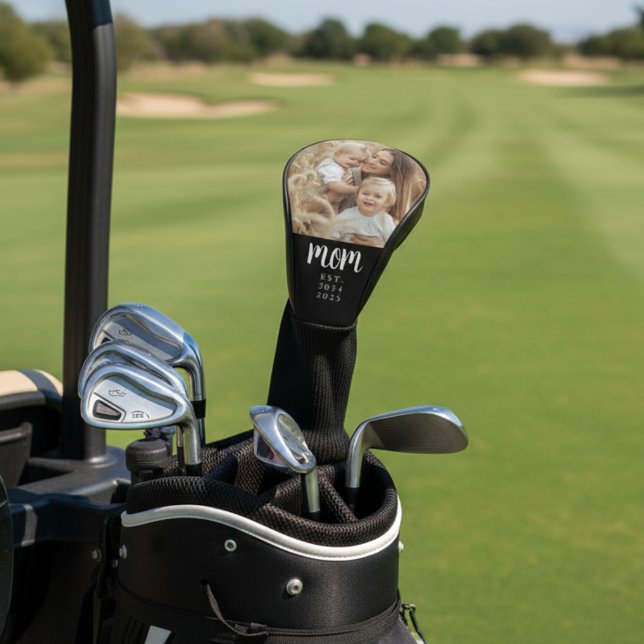 Mom Established Modern Script Photo Golf Head Cover (modern photo golf club cover with mom established year for mothers day gift and stocking stuffer)