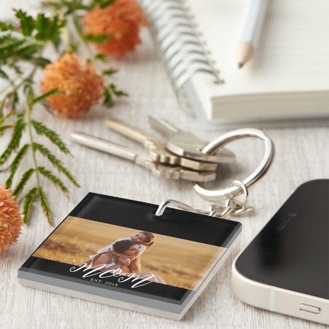 Mom Established Modern Script Photo Keychain (Front Right)