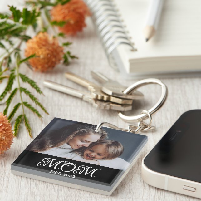Mom Established Modern Script Photo Keychain (Front Right)