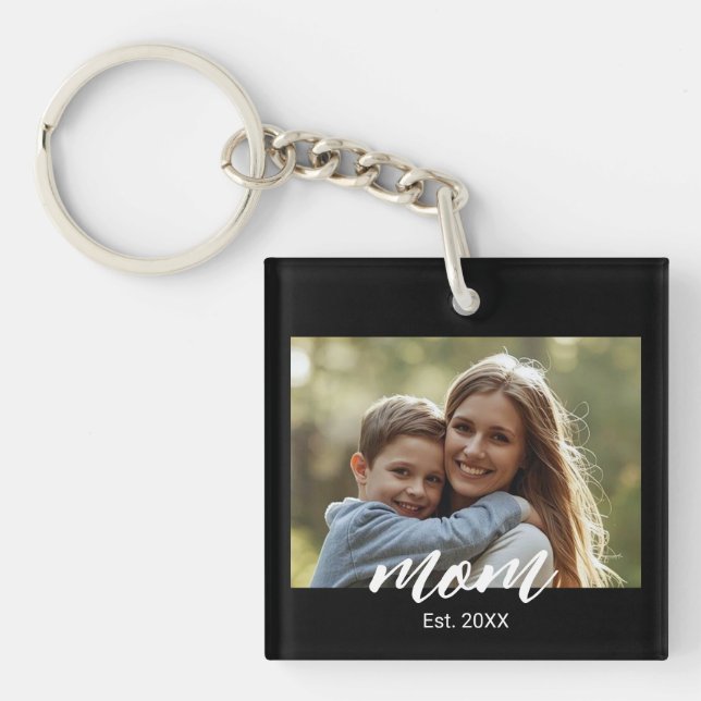 Mom Established Modern Script Photo Keychain (Front)