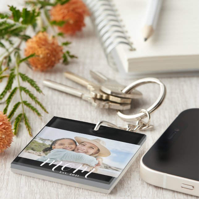 Mom Established Modern Script Photo Keychain (Front Right)