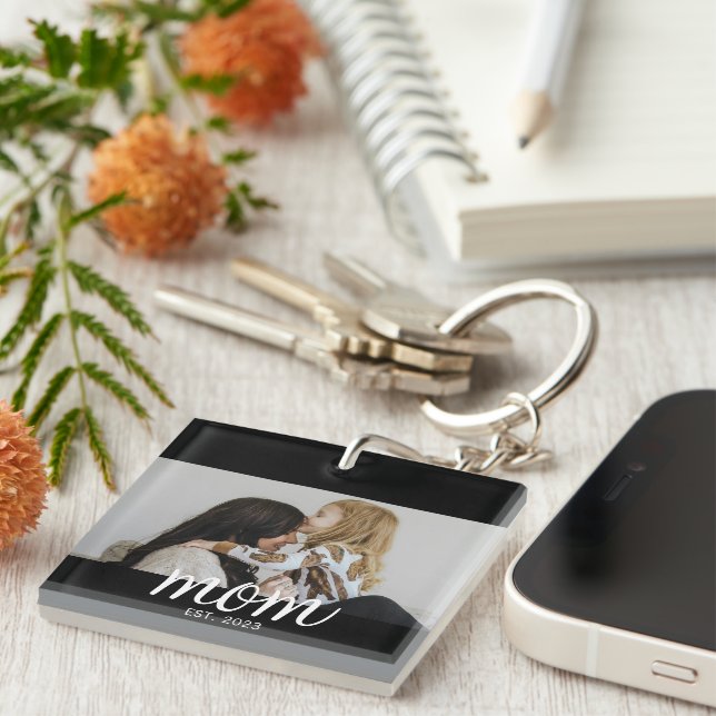 Mom Established Modern Script Photo Keychain (Front Right)
