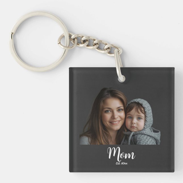 Mom Established Modern Script Photo Keychain (Front)