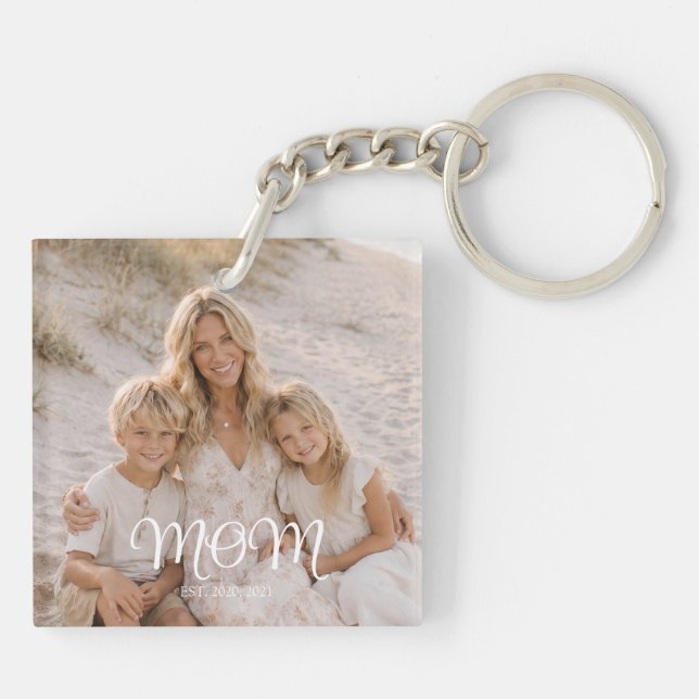 Mom Established Modern Script Photo Keychain (Back)