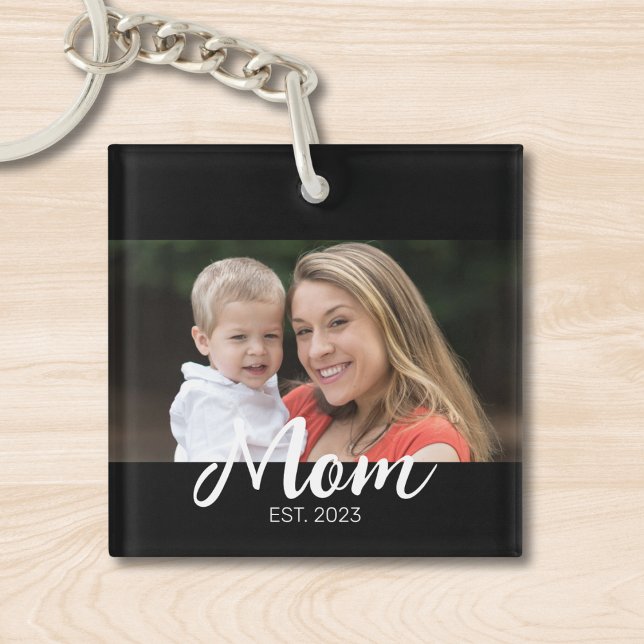 Mom Established Modern Script Photo Keychain (Creator Uploaded)