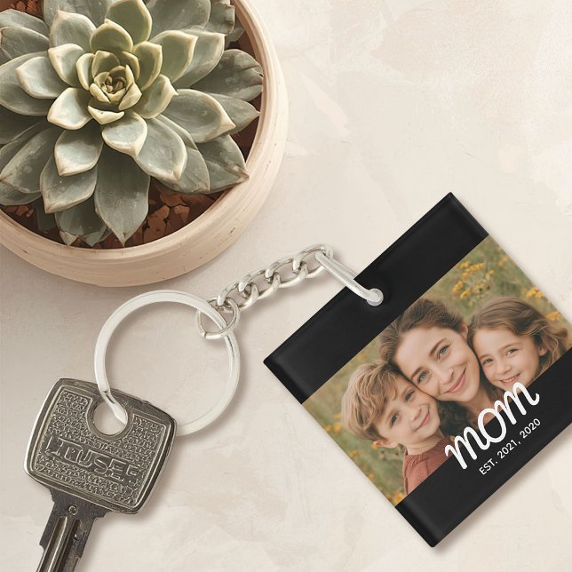 Mom Established Modern Script Photo Keychain (Creator Uploaded)