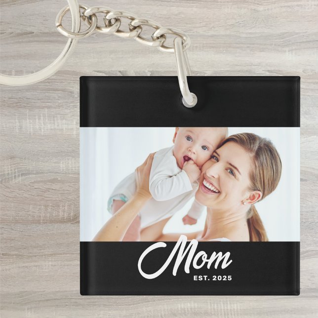 Mom Established Modern Script Photo Keychain (Creator Uploaded)