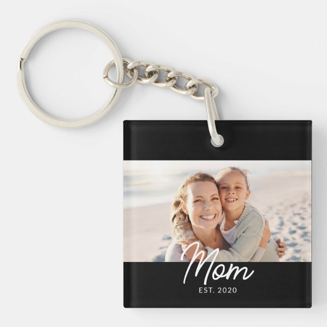 Mom Established Modern Script Photo Keychain (Front)
