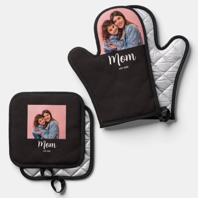 Mom Established Modern Script Photo Oven Mitt & Pot Holder Set (Front/Back)