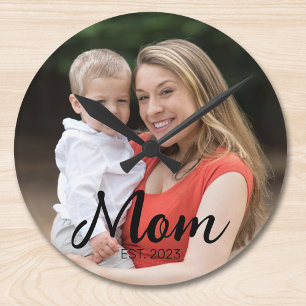 Mom Established Modern Script Photo Round Clock