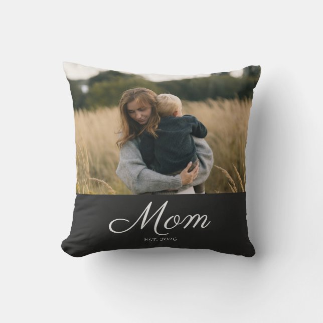 Mom Established Modern Script Photo Throw Pillow (Front)