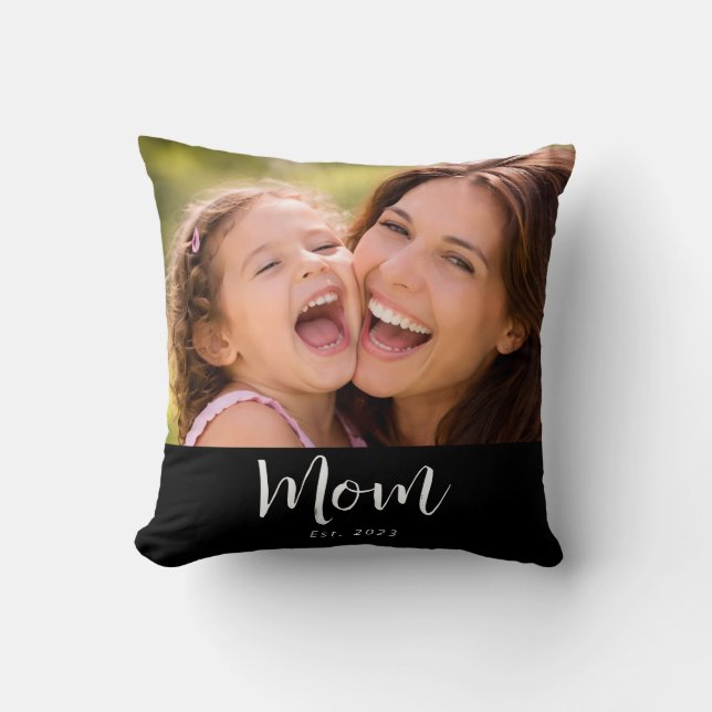 Mom Established Modern Script Photo Throw Pillow (Front)