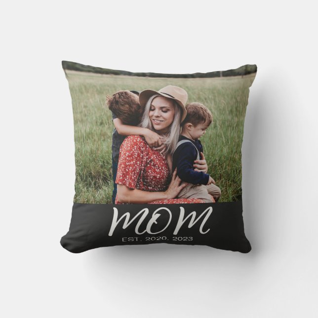 Mom Established Modern Script Photo Throw Pillow (Front)