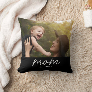 Mom Established Modern Script Photo Throw Pillow