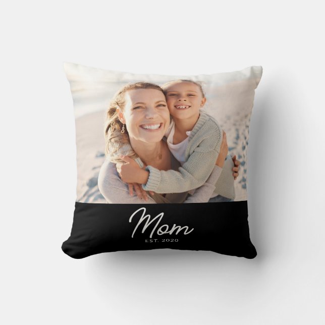 Mom Established Modern Script Photo Throw Pillow (Front)