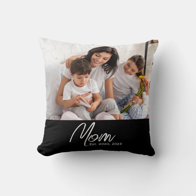 Mom Established Modern Script Photo Throw Pillow (Front)