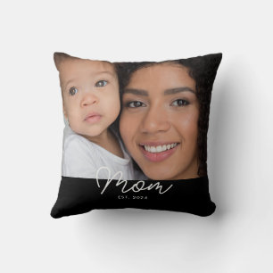 Mom Established Modern Script Photo Throw Pillow