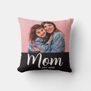Mom Established Modern Script Photo Throw Pillow