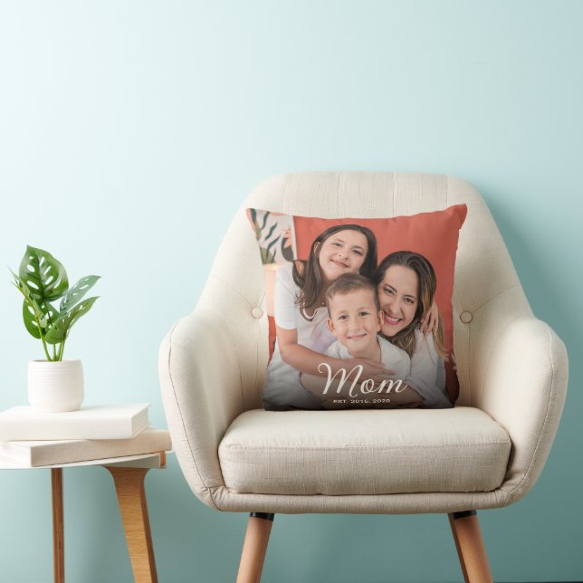 Mom Established Modern Script Photo Throw Pillow (Chair)