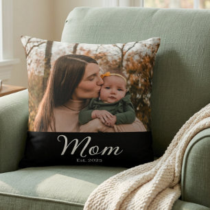 Mom Established Modern Script Photo Throw Pillow