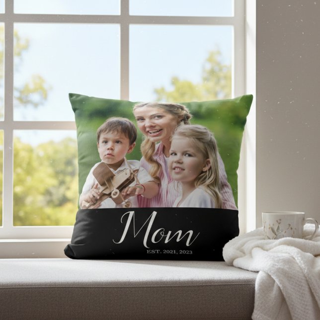 Mom Established Modern Script Photo Throw Pillow (Creator Uploaded)