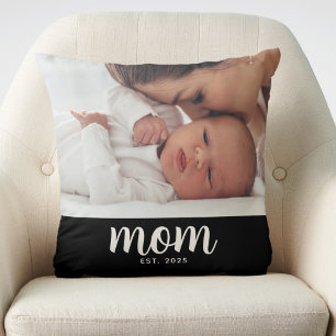 Mom Established Modern Script Photo Throw Pillow