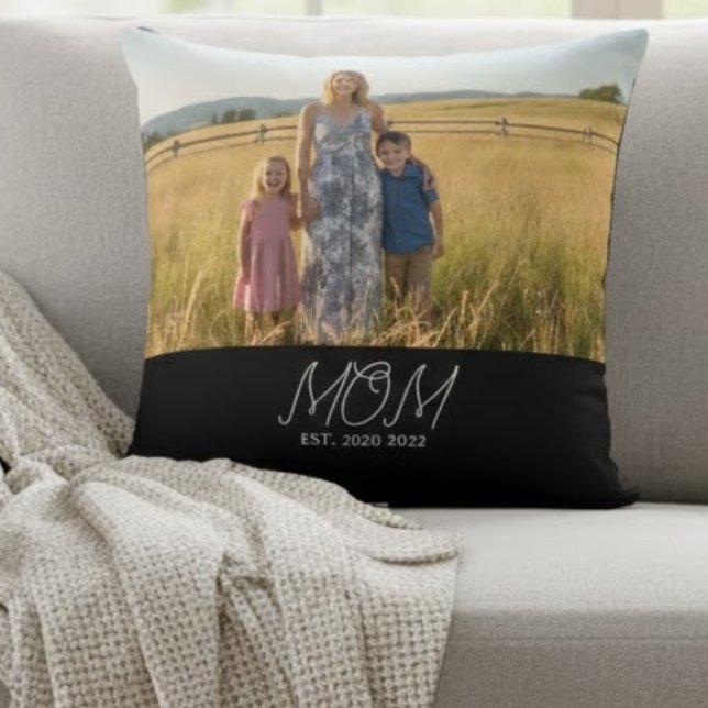 Mom Established Modern Script Photo  Throw Pillow (Creator Uploaded)