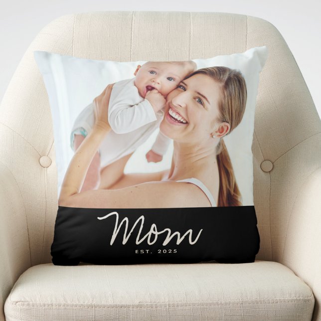 Mom Established Modern Script Photo Throw Pillow (Creator Uploaded)