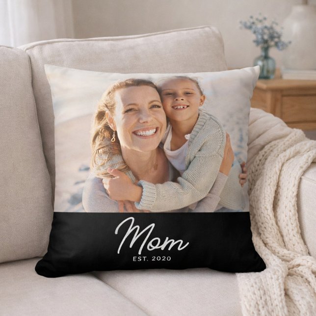Mom Established Modern Script Photo Throw Pillow (Creator Uploaded)