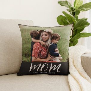 Mom Established Modern Script Photo Throw Pillow