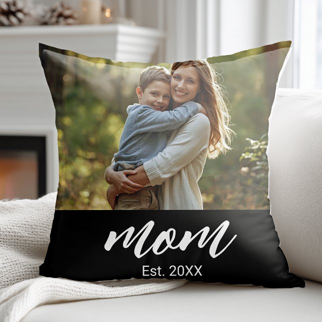 Mom Established Modern Script Photo Throw Pillow (Creator Uploaded)
