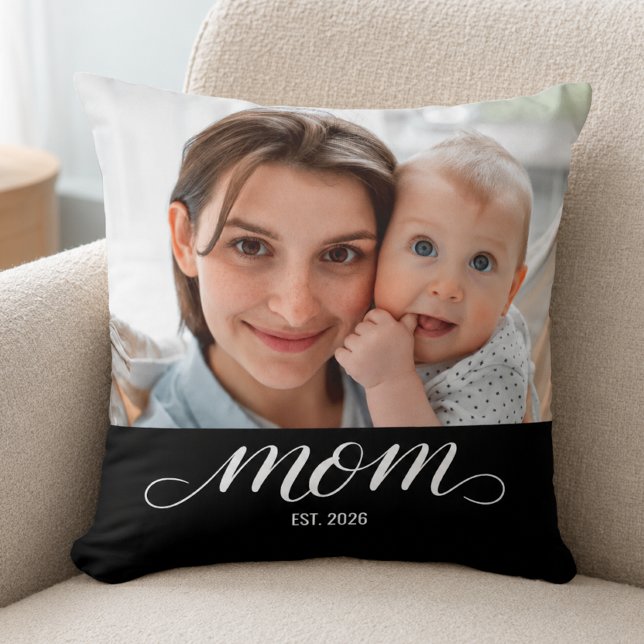 Mom Established Modern Script Photo  Throw Pillow (Creator Uploaded)