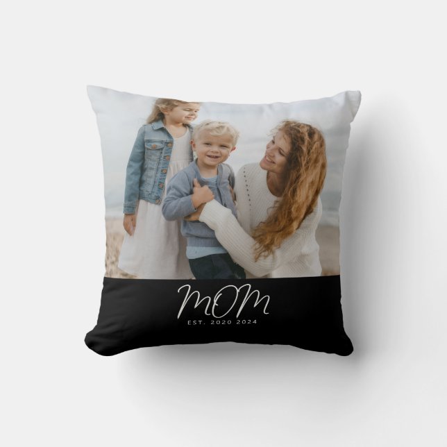 Mom Established Modern Script Photo Throw Pillow (Front)