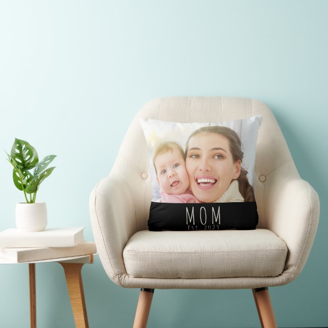 Mom Established Modern Script Photo  Throw Pillow (Chair)