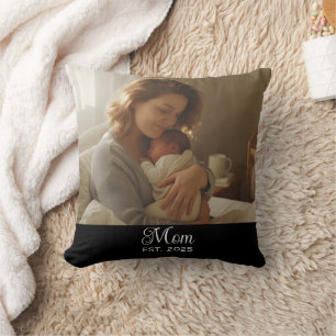 Mom Established Modern Script Photo Throw Pillow