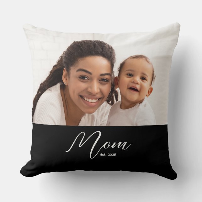 Mom Established Modern Script Photo Throw Pillow (Front)