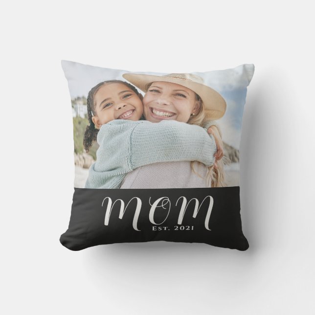 Mom Established Modern Script Photo Throw Pillow (Front)