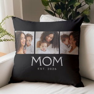 Mom Established Modern Typography Black 3 Photo  Throw Pillow