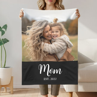 Mom Established Modern Typography Photo Black Fleece Blanket
