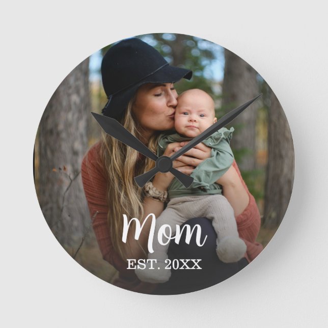 Mom Established Modern Typography Photo Wall Clock (Front)