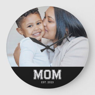 Mom Established Modern White Bold Photo Round Large Clock